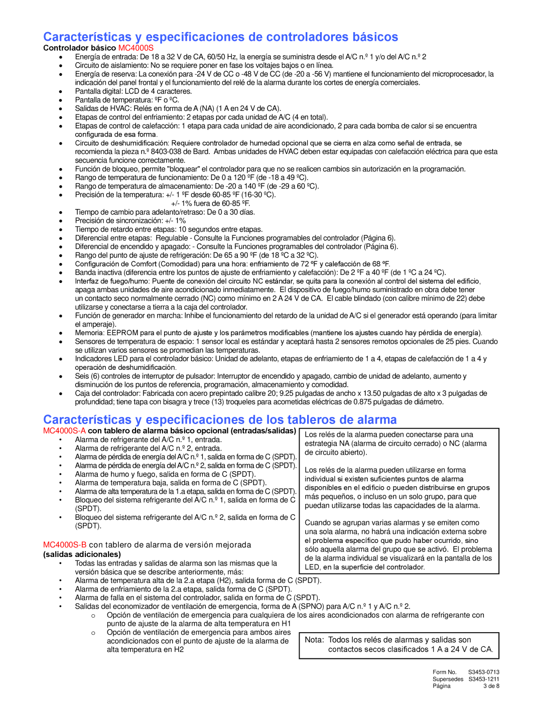 Bard Series MC4000S manual Características y especificaciones de controladores básicos 