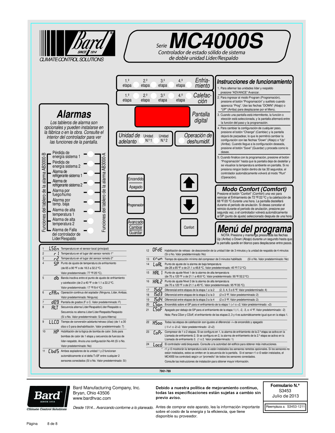 Bard Series MC4000S manual Encendido Apagado, Confort 