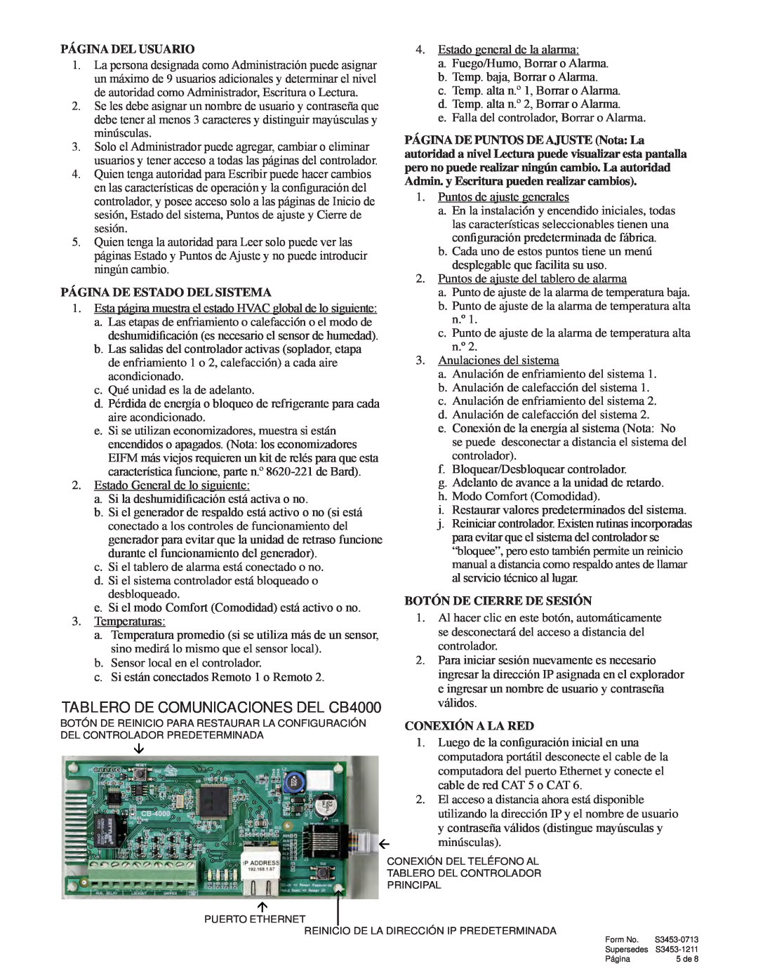 Bard Series MC4000S manual Página Del Usuario, Página De Estado Del Sistema, Botón De Cierre De Sesión, Conexión A La Red 