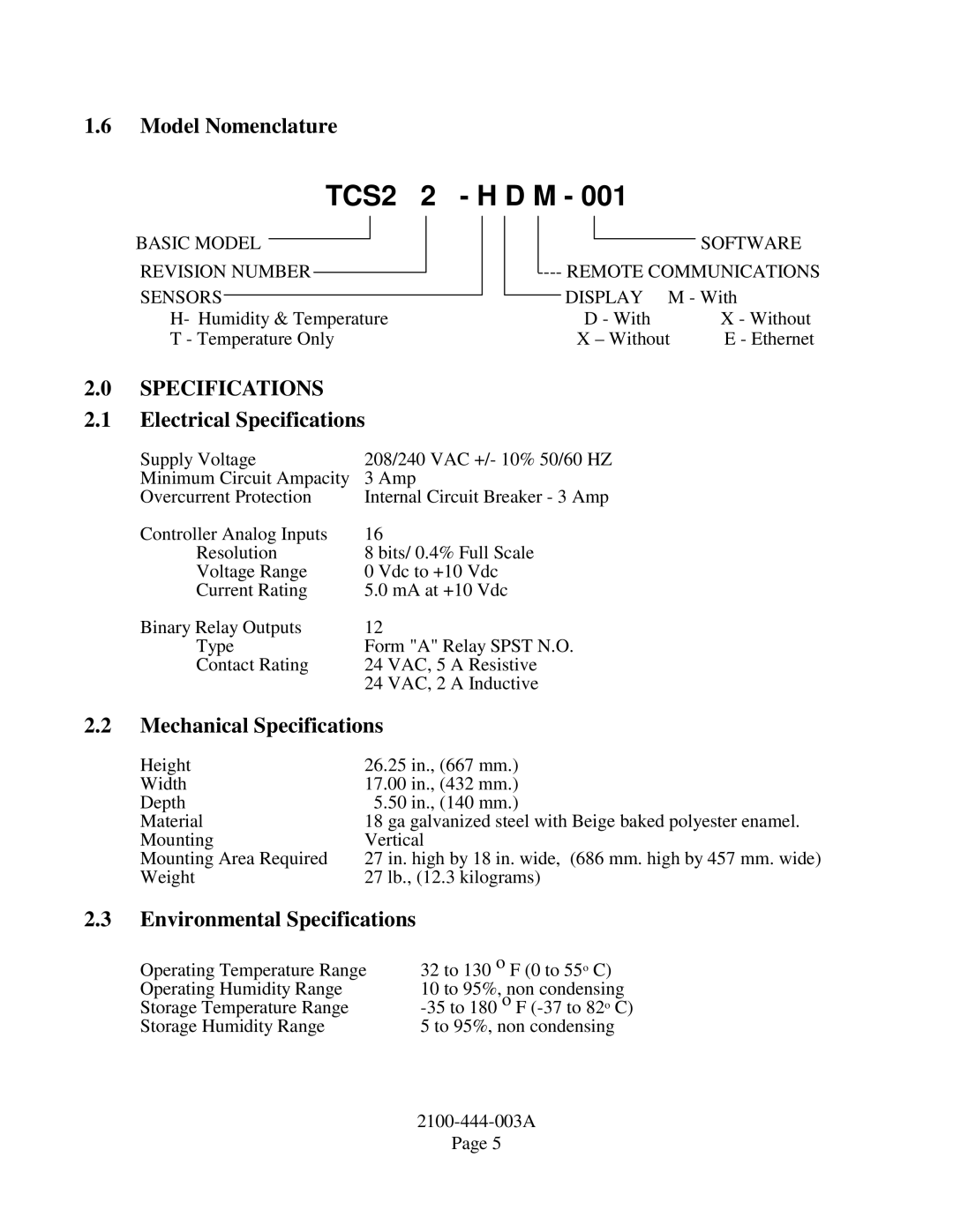 Bard TCS22-***-003 Model Nomenclature, Electrical Specifications, Mechanical Specifications, Environmental Specifications 