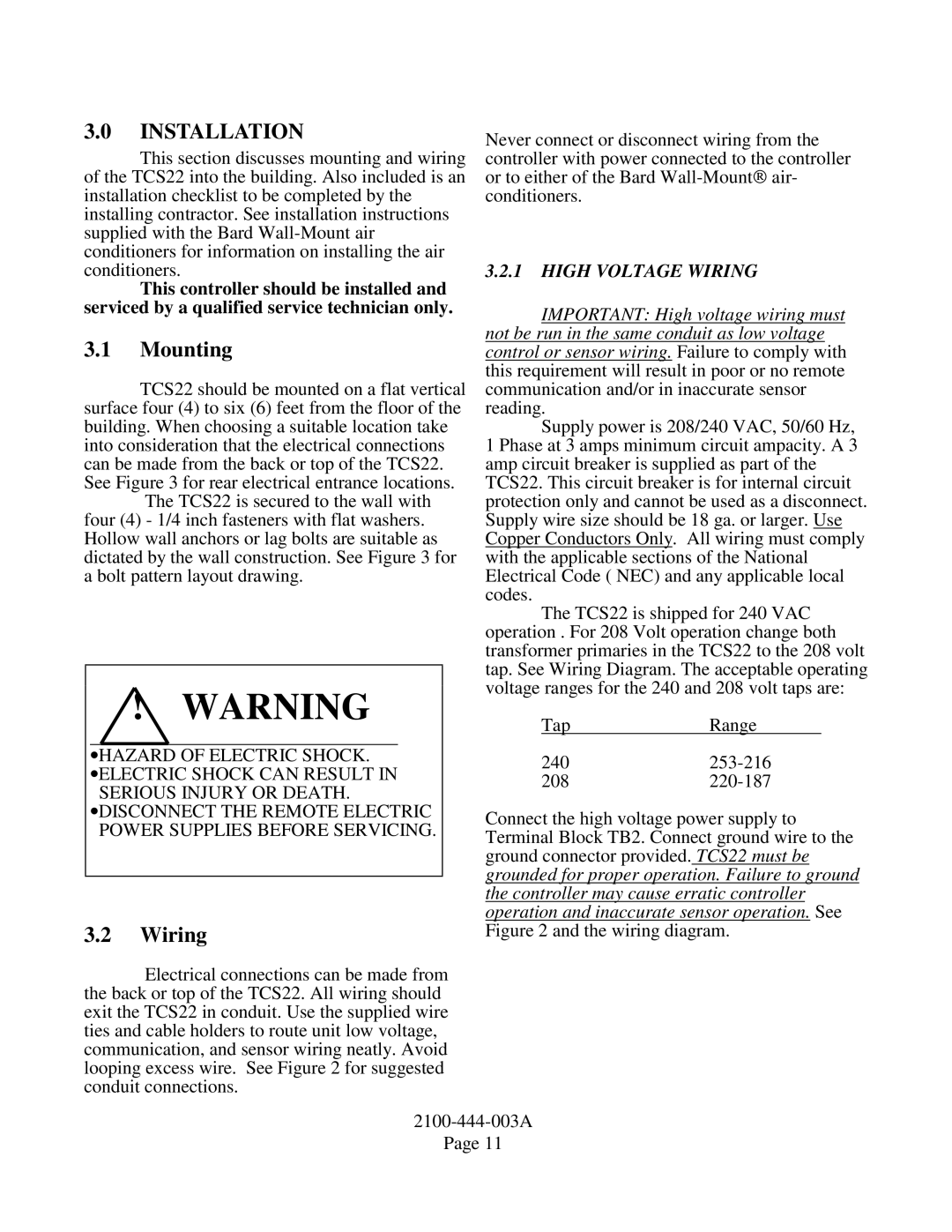 Bard TCS22-***-003 manual Mounting, High Voltage Wiring 