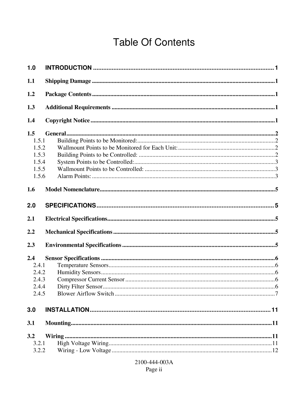 Bard TCS22-***-003 manual Table Of Contents 