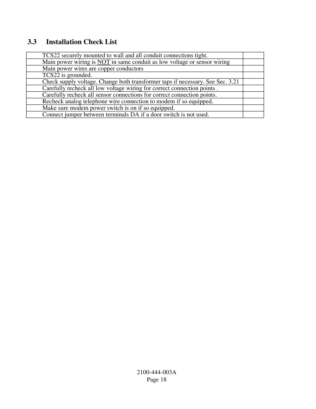 Bard TCS22-***-003 manual Installation Check List 