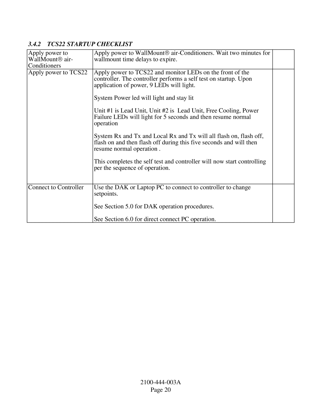 Bard TCS22-***-003 manual 2 TCS22 Startup Checklist 