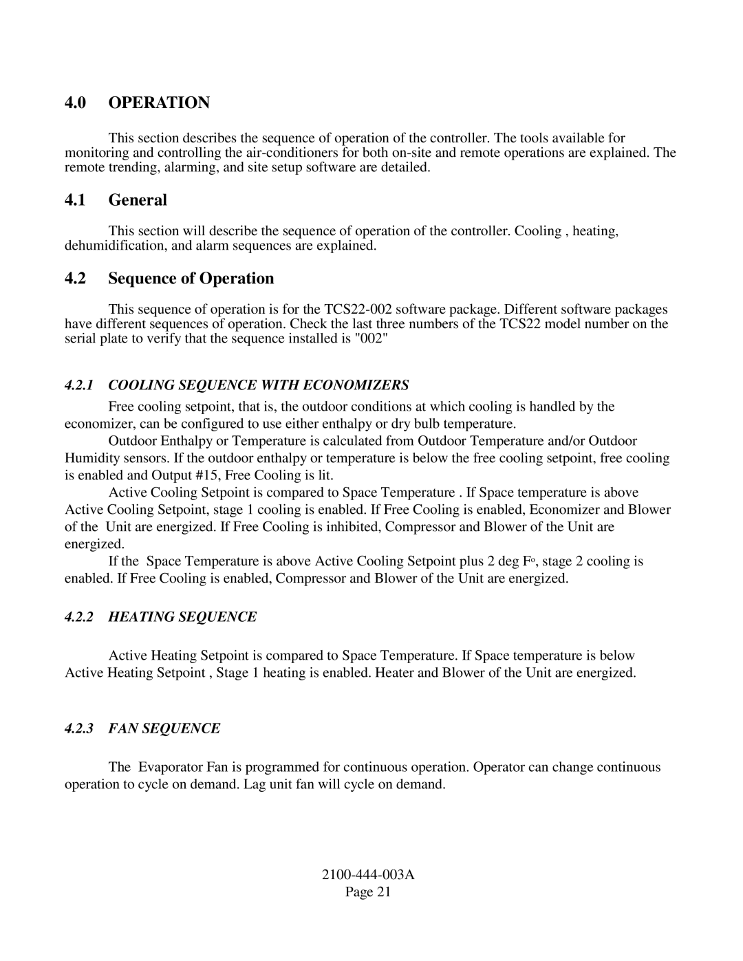 Bard TCS22-***-003 manual Sequence of Operation, Cooling Sequence with Economizers, Heating Sequence, FAN Sequence 