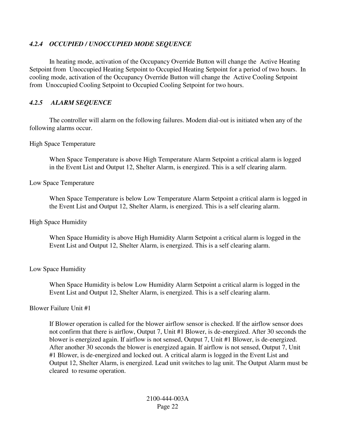 Bard TCS22-***-003 manual Occupied / Unoccupied Mode Sequence, Alarm Sequence 