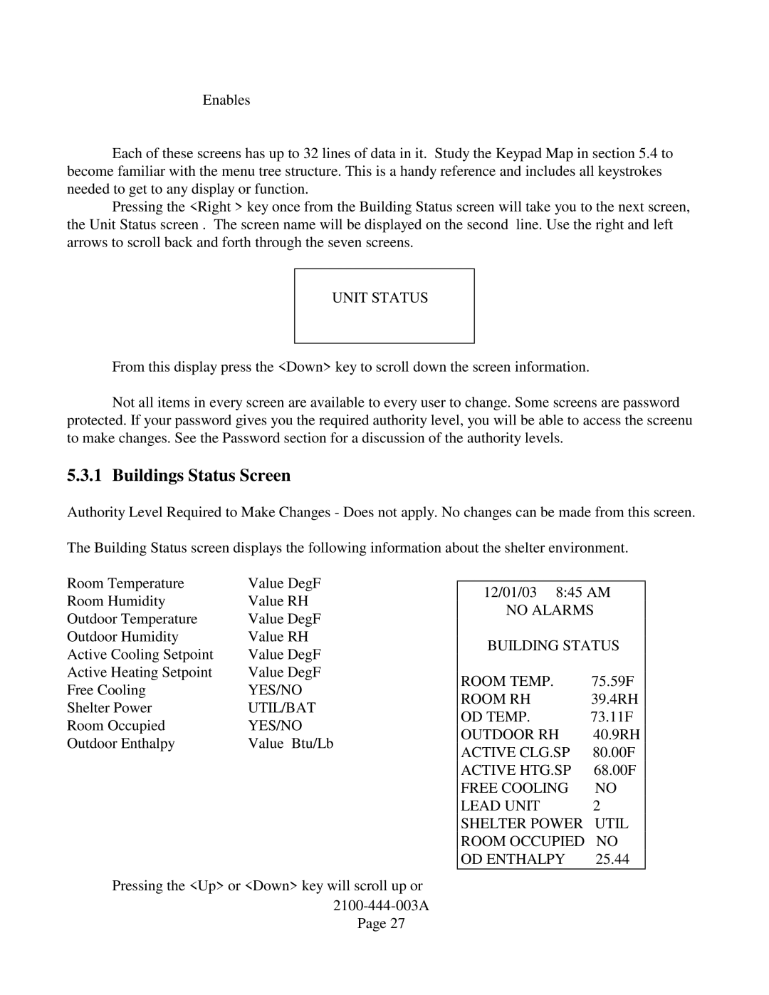 Bard TCS22-***-003 manual Buildings Status Screen, Unit Status 