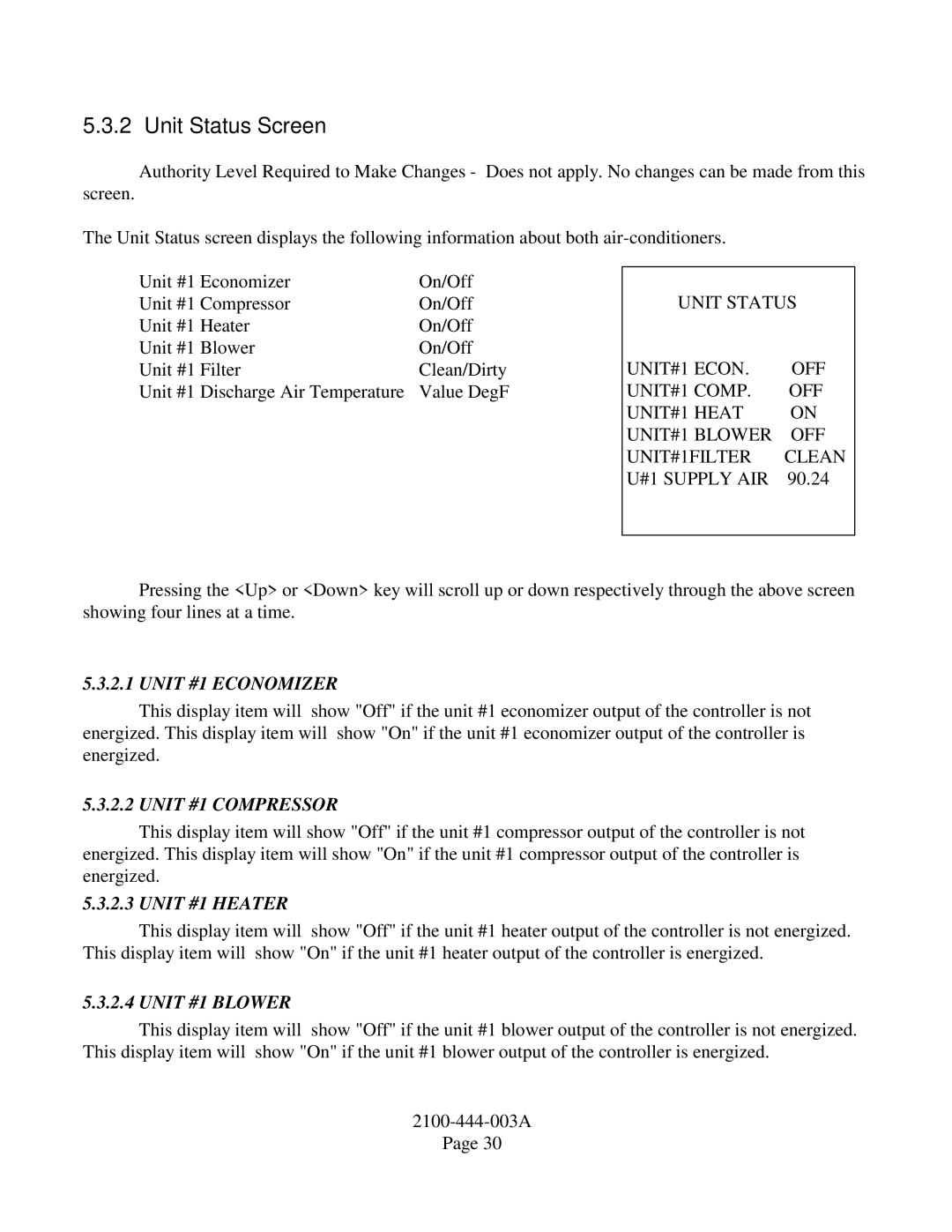 Bard TCS22-***-003 manual Unit Status Screen, Unit #1 Economizer, Unit #1 Compressor, Unit #1 Heater, Unit #1 Blower 