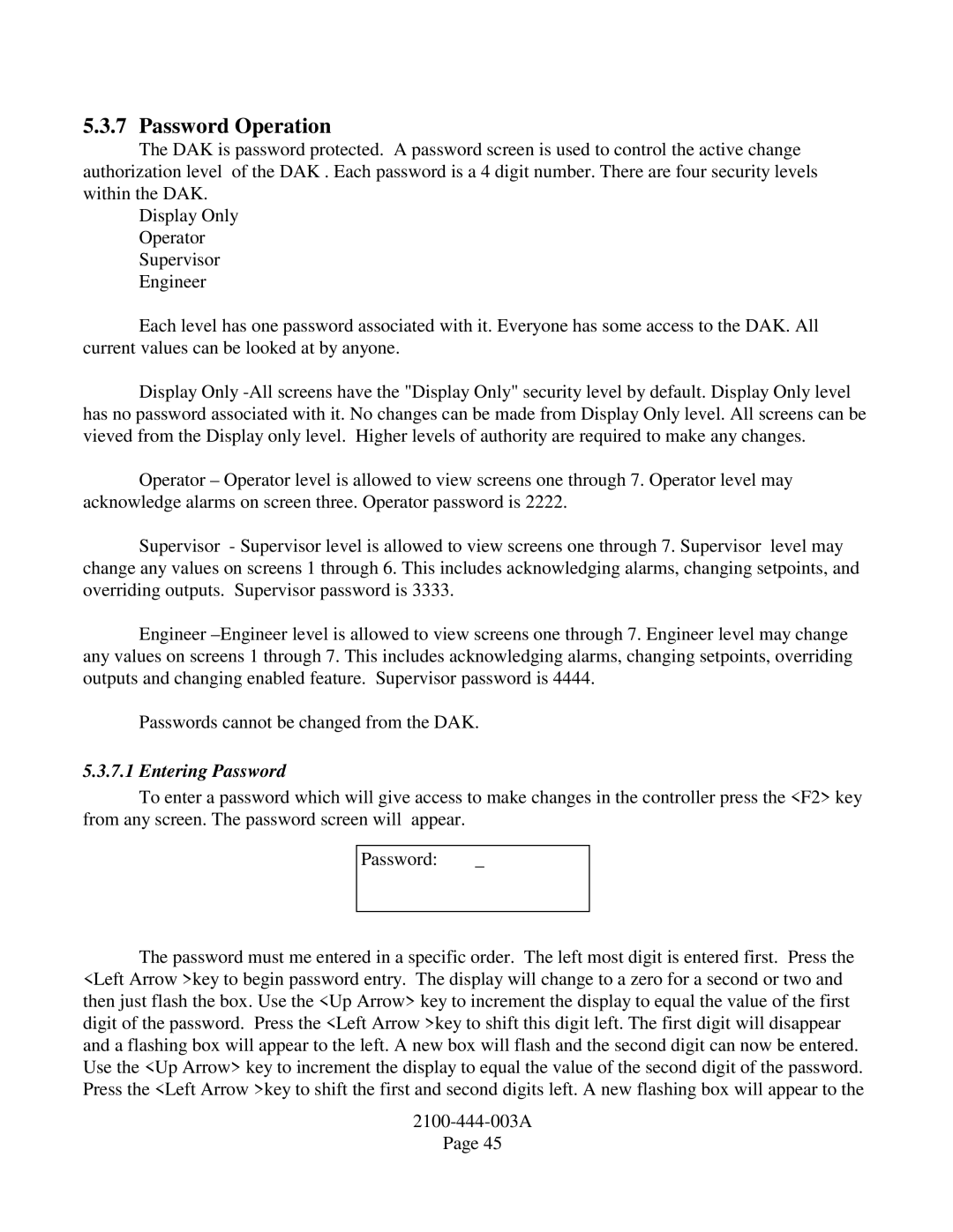 Bard TCS22-***-003 manual Password Operation, Entering Password 