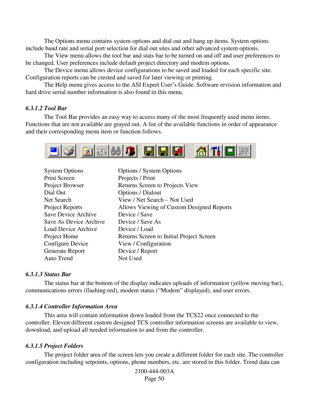 Bard TCS22-***-003 manual Tool Bar, Status Bar, Controller Information Area, Project Folders 