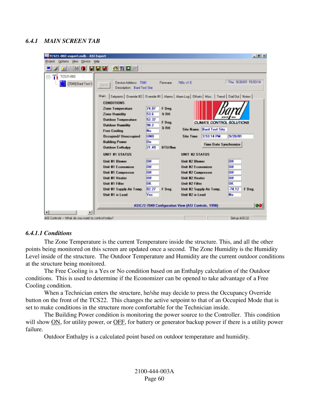 Bard TCS22-***-003 manual Main Screen TAB, Conditions 