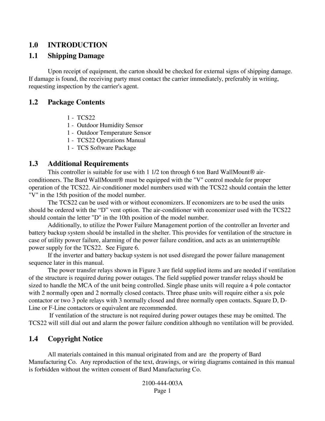 Bard TCS22-***-003 manual Shipping Damage, Package Contents, Additional Requirements, Copyright Notice 