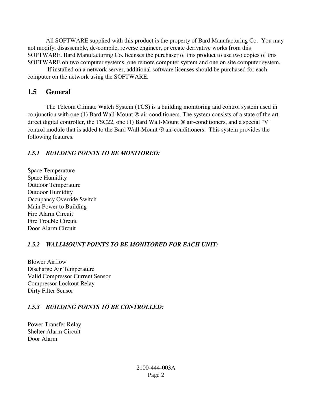 Bard TCS22-***-003 manual General, Building Points to be Monitored, Wallmount Points to be Monitored for Each Unit 