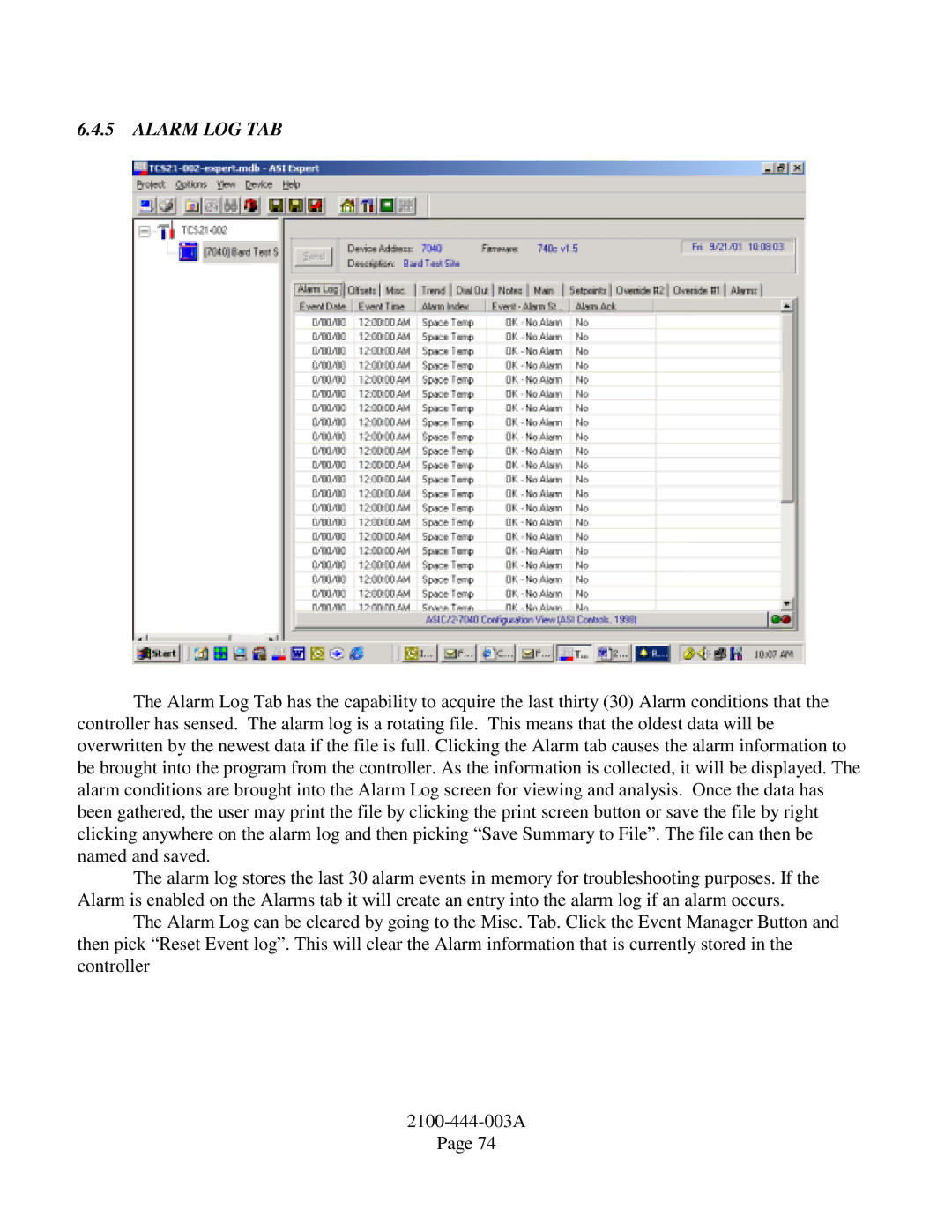 Bard TCS22-***-003 manual Alarm LOG TAB 