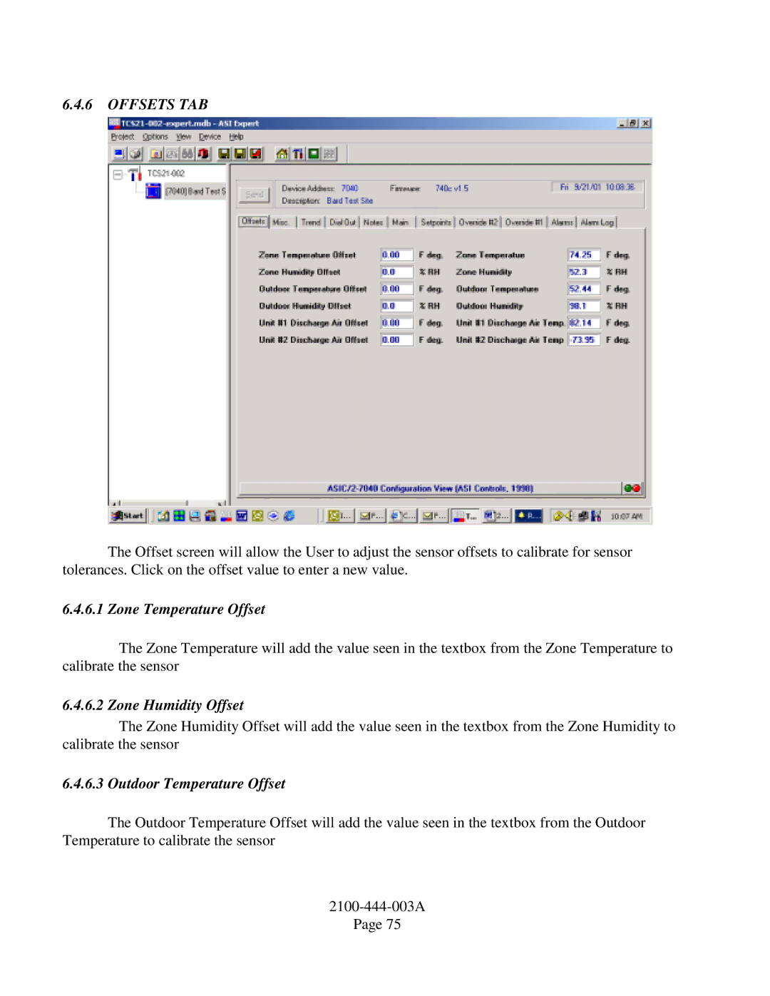 Bard TCS22-***-003 manual Offsets TAB, Zone Temperature Offset, Zone Humidity Offset, Outdoor Temperature Offset 