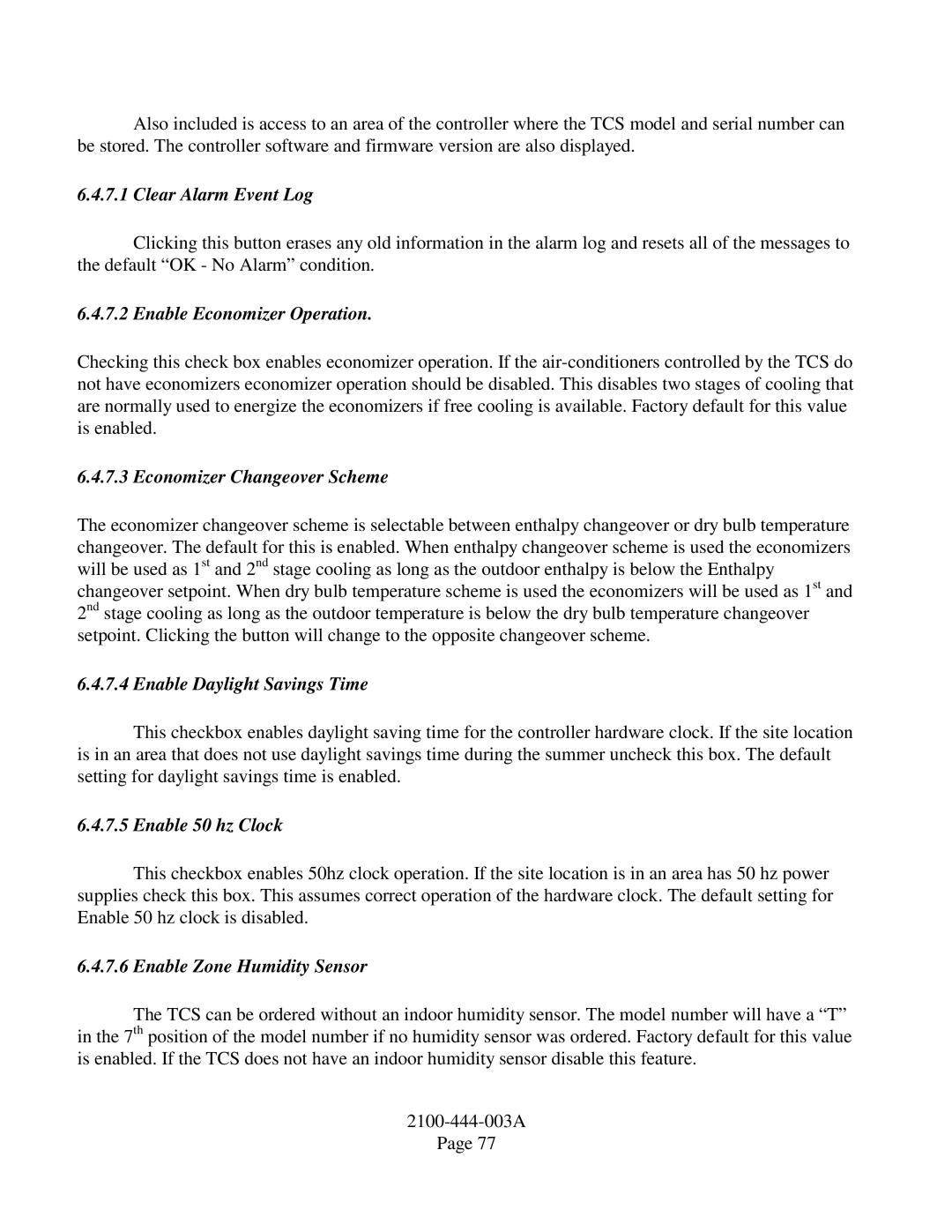 Bard TCS22-***-003 Clear Alarm Event Log, Enable Economizer Operation, Economizer Changeover Scheme, Enable 50 hz Clock 