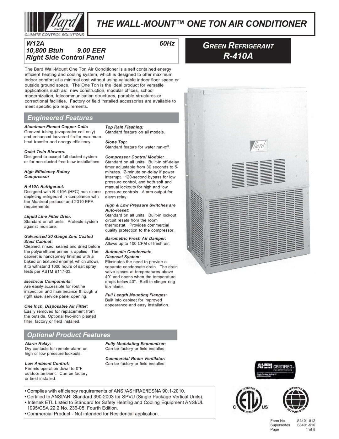 Bard W12A manual Engineered Features, Optional Product Features 