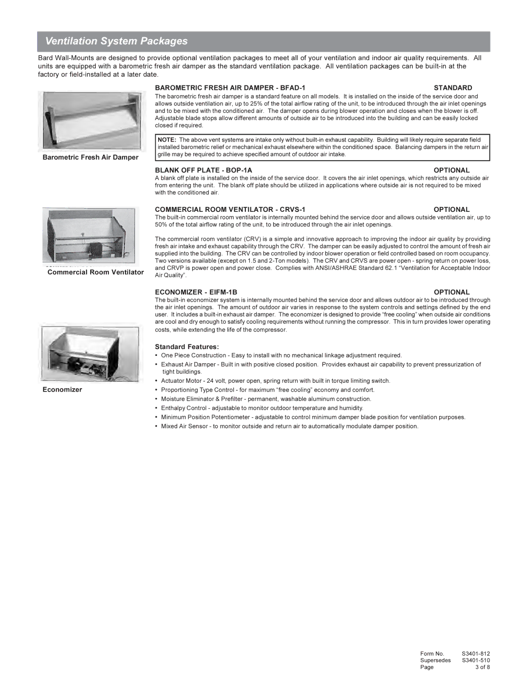 Bard W12A manual Ventilation System Packages, Barometric Fresh Air Damper, Commercial Room Ventilator Economizer 