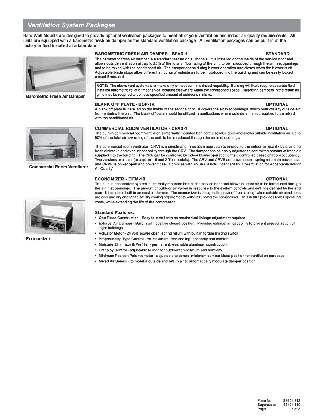 Bard W12A manual Ventilation System Packages 