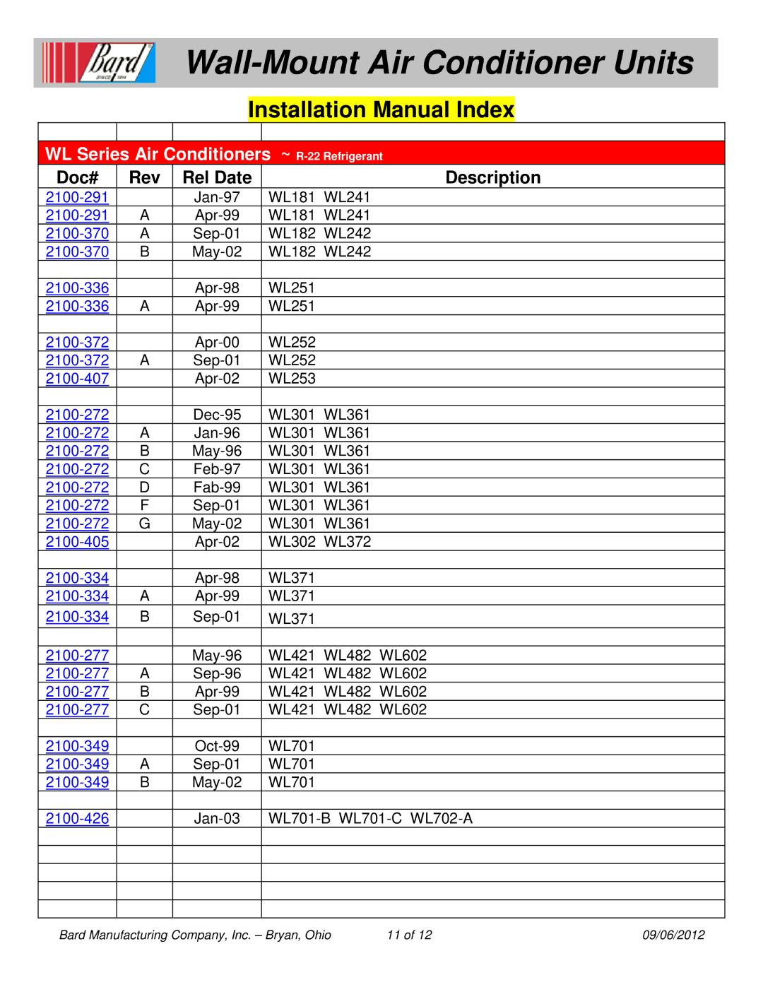 Bard W12A1-K, W12A1-A installation manual WL Series Air Conditioners ~ R-22 Refrigerant 