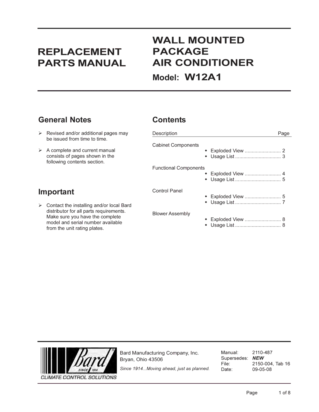 Bard W12A1 manual Wall Mounted 