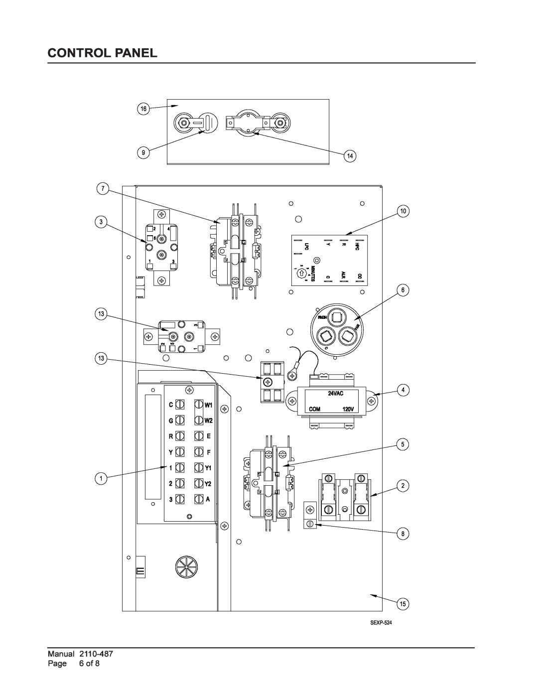 Bard W12A1 manual Control Panel, 2110-487, 16 9 7 3 13 13, 14 10 6, SEXP-524 