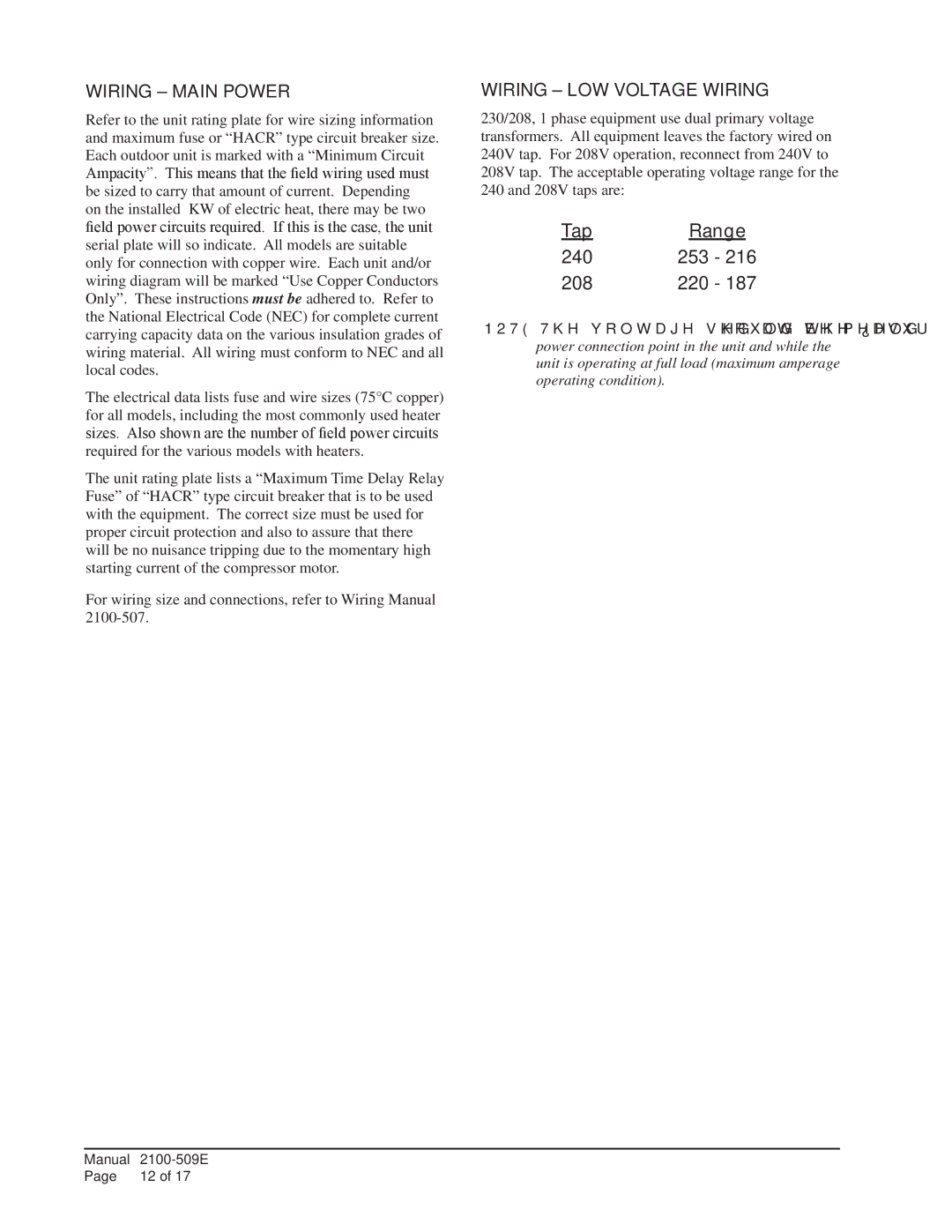 Bard W12A2-A installation instructions Wiring Main Power, Wiring LOW Voltage Wiring 