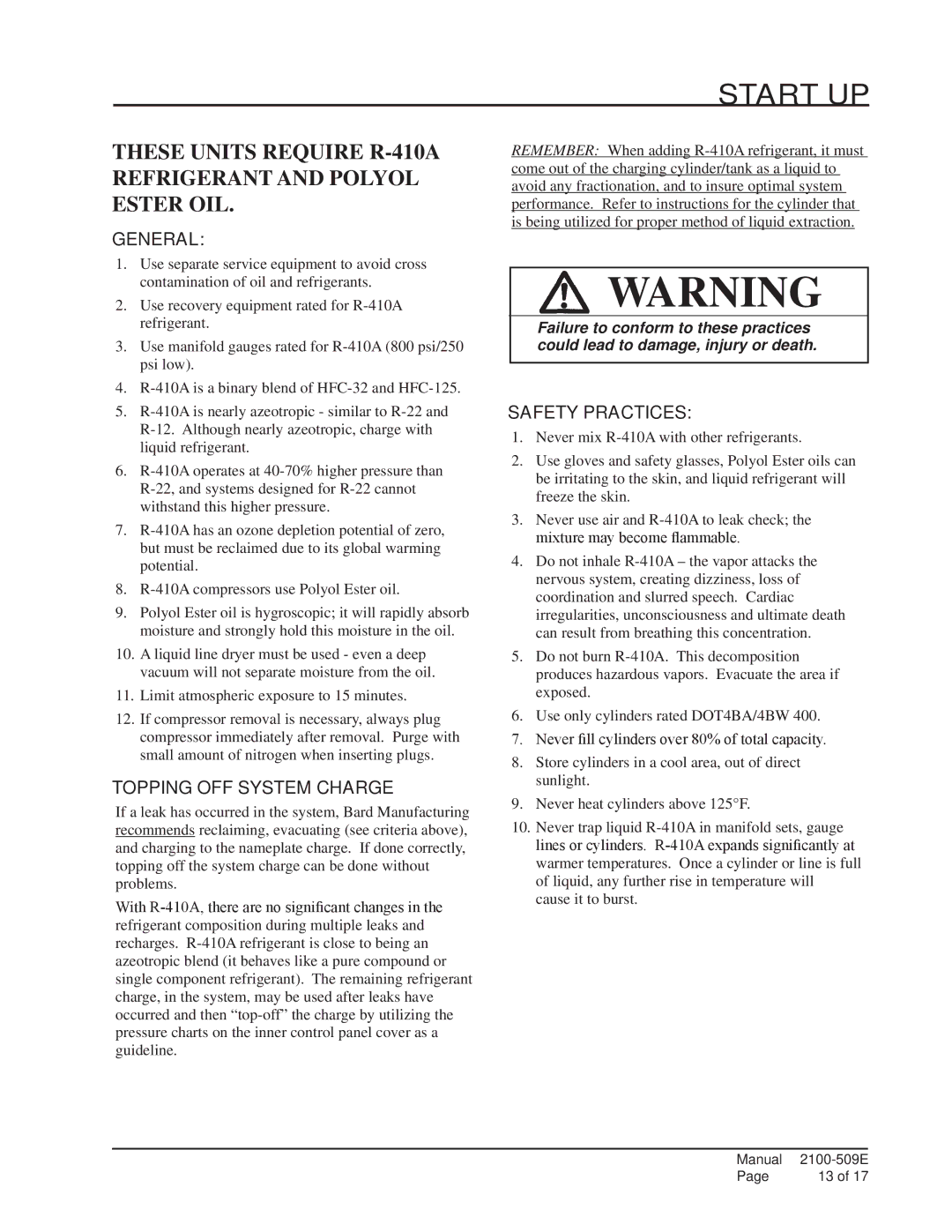 Bard W12A2-A installation instructions Start UP, Topping OFF System Charge, Safety Practices 