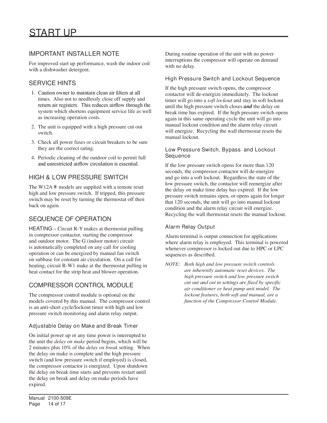 Bard W12A2-A Important Installer Note, Service Hints, High & LOW Pressure Switch, Sequence of Operation 