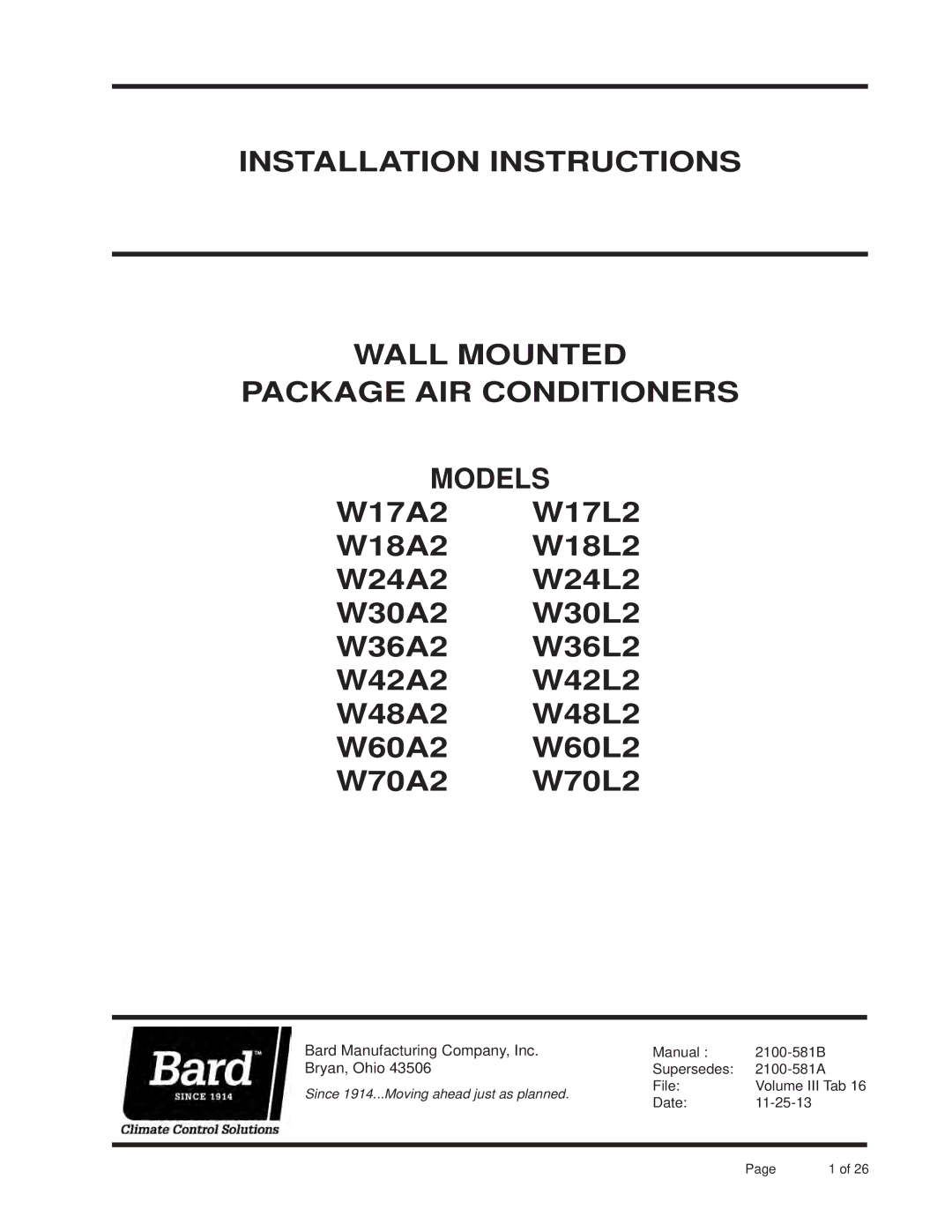 Bard w17a2 installation instructions Bard Manufacturing Company, Inc 