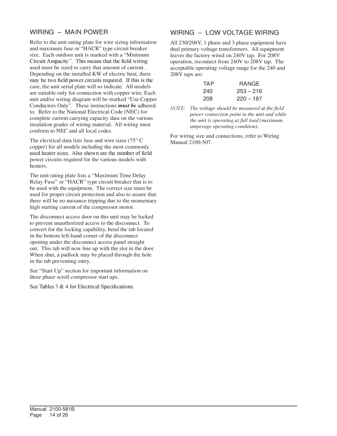 Bard w17a2 installation instructions Wiring Main Power, Wiring LOW Voltage Wiring, TAP Range 