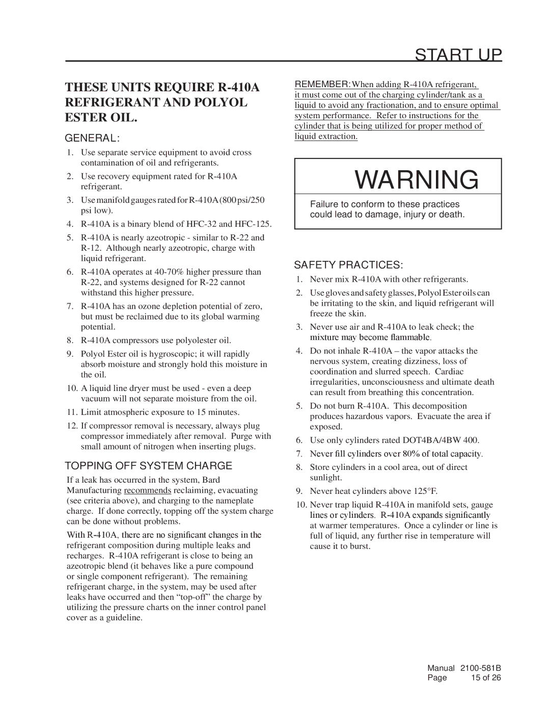 Bard w17a2 installation instructions Topping OFF System Charge, Safety Practices 