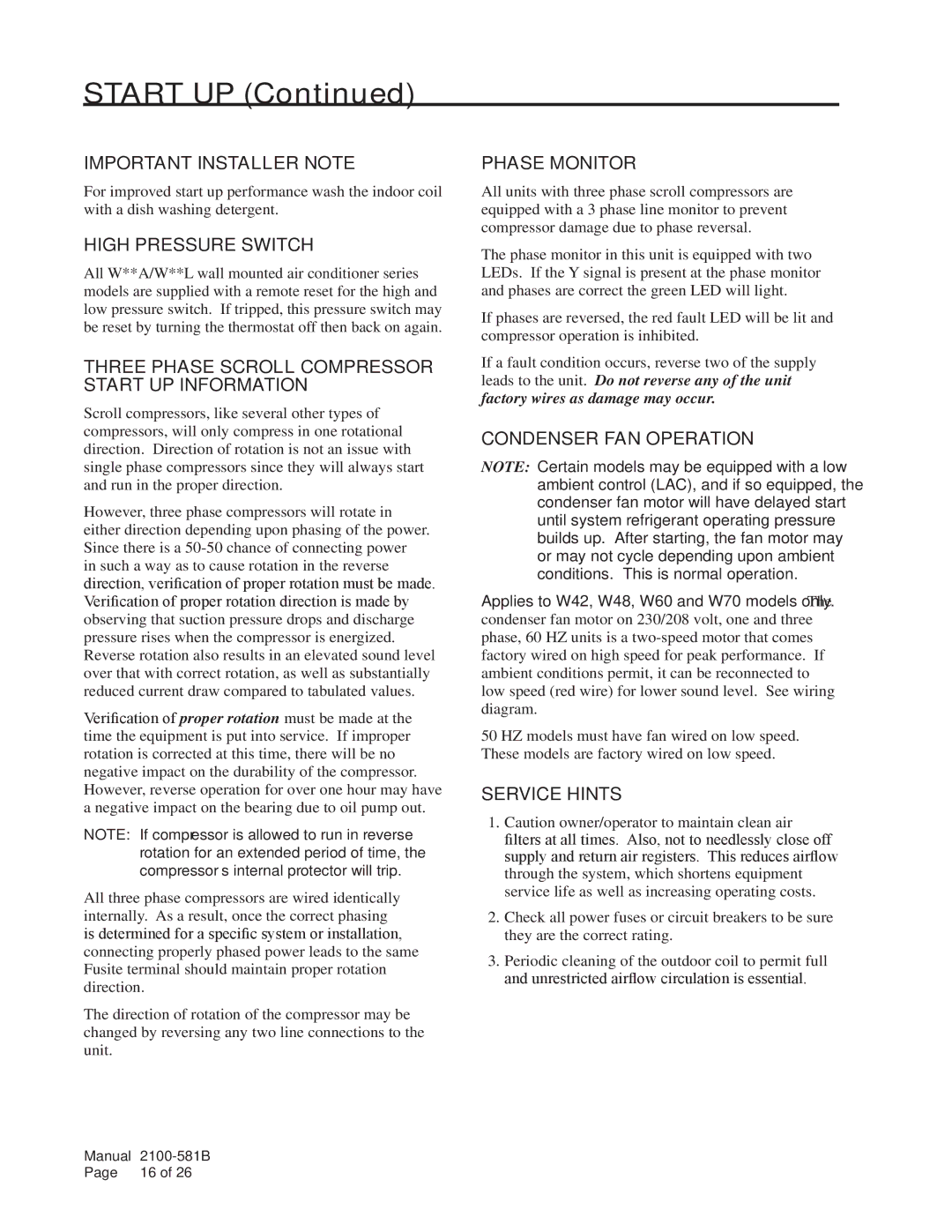 Bard w17a2 Important Installer Note, High Pressure Switch, Three Phase Scroll Compressor Start UP Information 