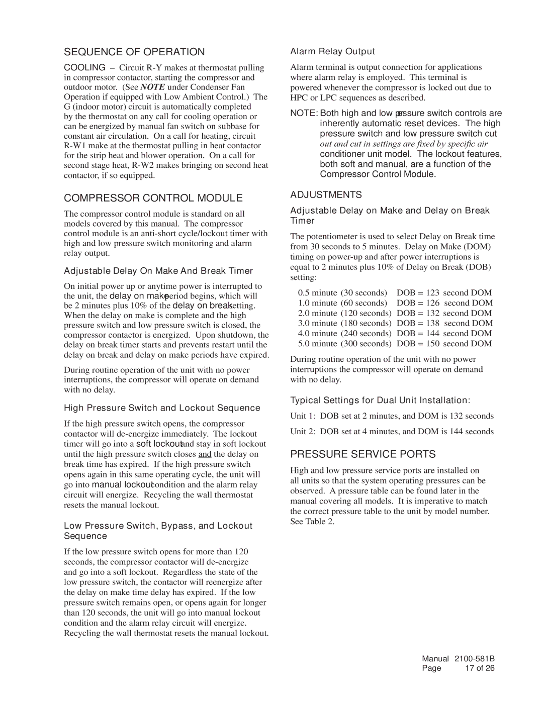 Bard w17a2 installation instructions Sequence of Operation, Compressor Control Module, Pressure Service Ports 