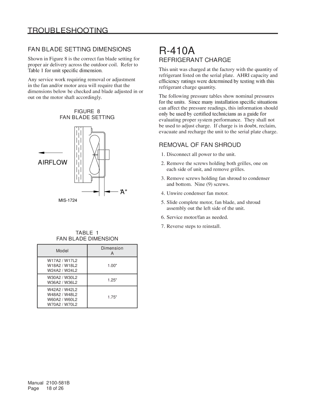 Bard w17a2 FAN Blade Setting Dimensions, Refrigerant Charge, Removal of FAN Shroud, FAN Blade Dimension 