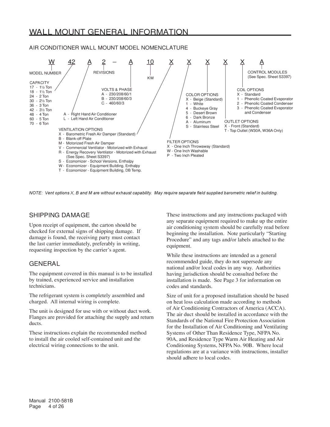 Bard w17a2 installation instructions Shipping Damage, General, AIR Conditioner Wall Mount Model Nomenclature 