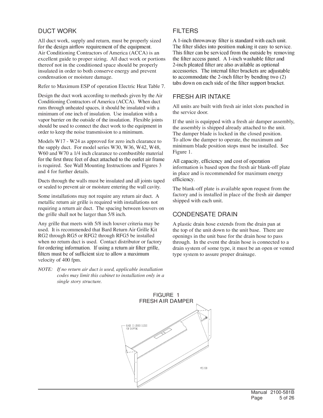 Bard w17a2 installation instructions Duct Work, Filters, Fresh AIR Intake, Condensate Drain, Fresh AIR Damper 