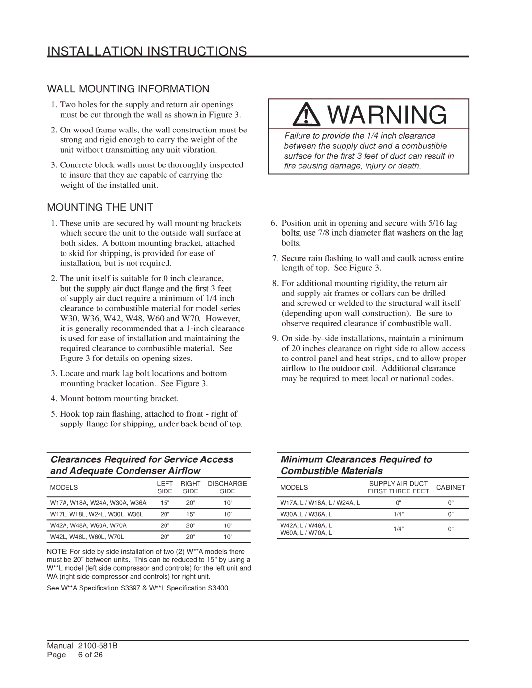 Bard w17a2 installation instructions Wall Mounting Information, Mounting the Unit 