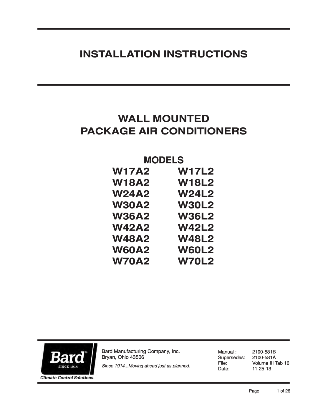 Bard w17a2 installation instructions Installation Instructions Wall Mounted, PACKAGE AIR CONDITIONERS MODELS W17A2 W17L2 