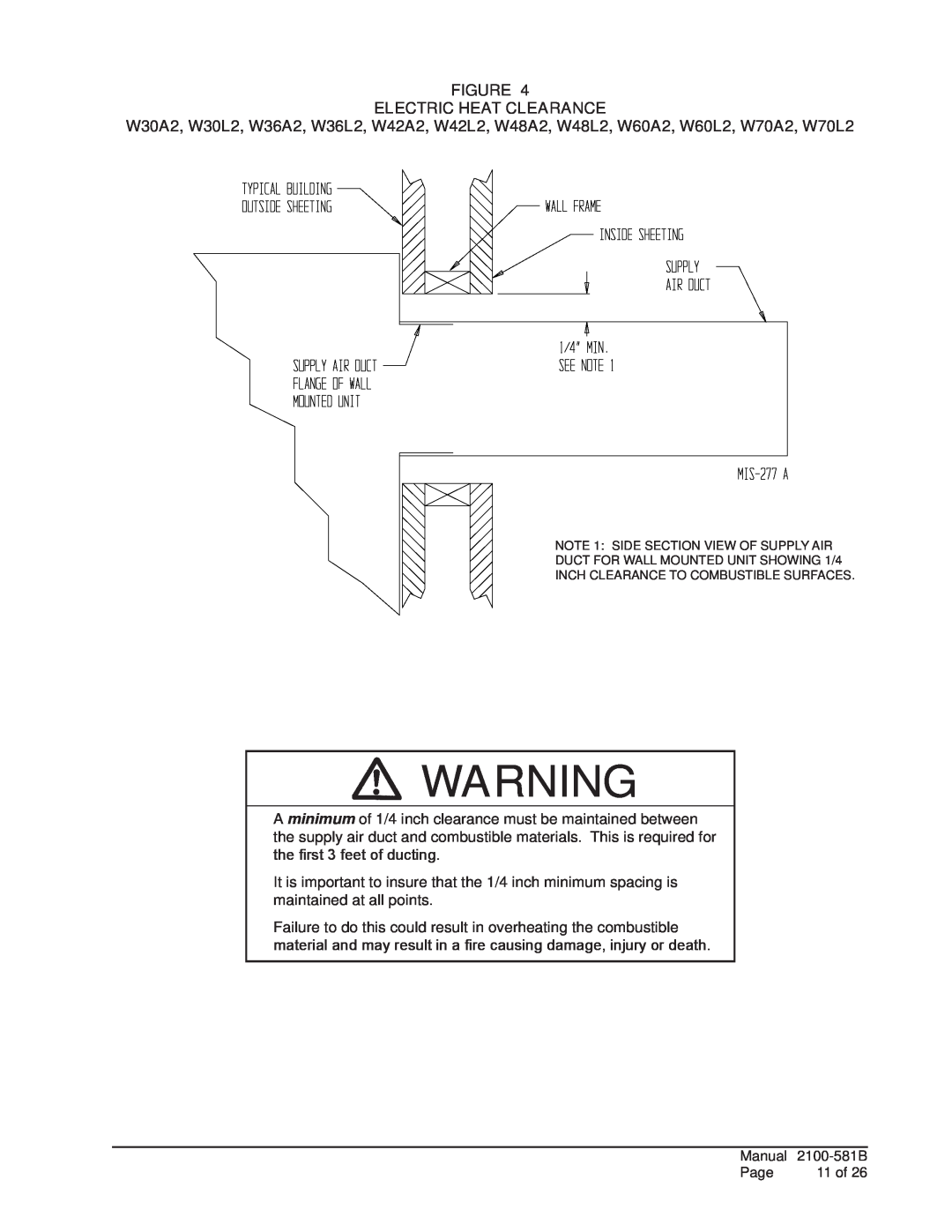 Bard w17a2 installation instructions Figure Electric Heat Clearance, Manual, 2100-581B, Page, 11 of 