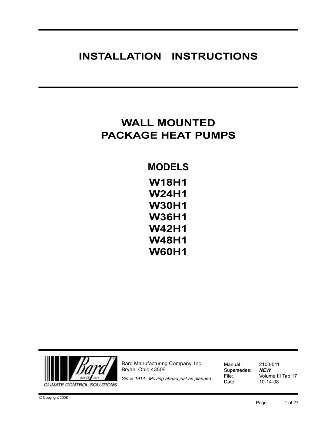 Bard installation instructions W18H1 W24H1 W30H1 W36H1 W42H1 W48H1 W60H1 