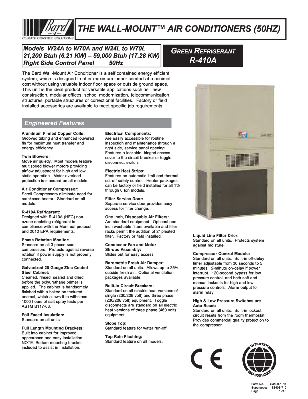 Bard W24A to W70A manual Right Side Control Panel, 50Hz, THE WALL-MOUNTAIR CONDITIONERS 50HZ, R-410A, Green Refrigerant 