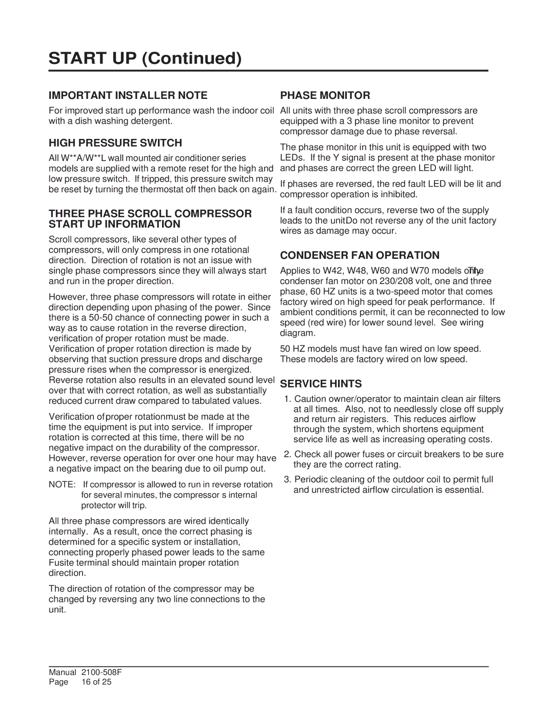 Bard W70A1, W24L1, W24A1 Important Installer Note, High Pressure Switch, Three Phase Scroll Compressor Start UP Information 
