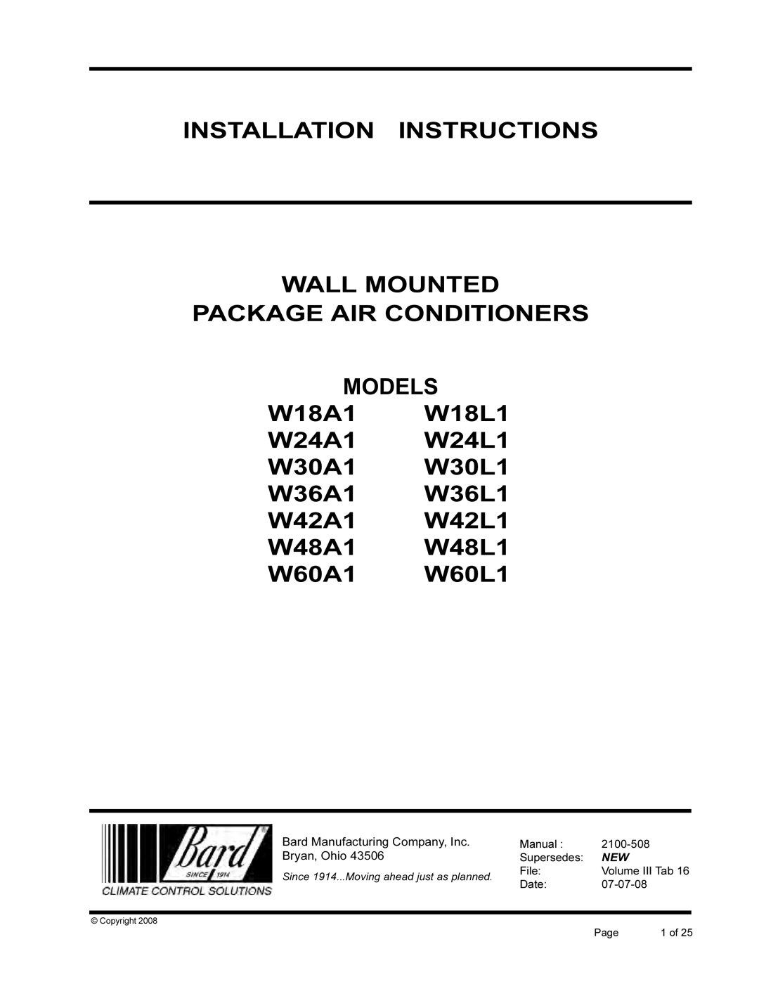 Bard W24A1, W24L1, W30A1, W18L1, W18A1, W48A1, W60A1, W60L1, W42A1 installation instructions Bard Manufacturing Company, Inc 