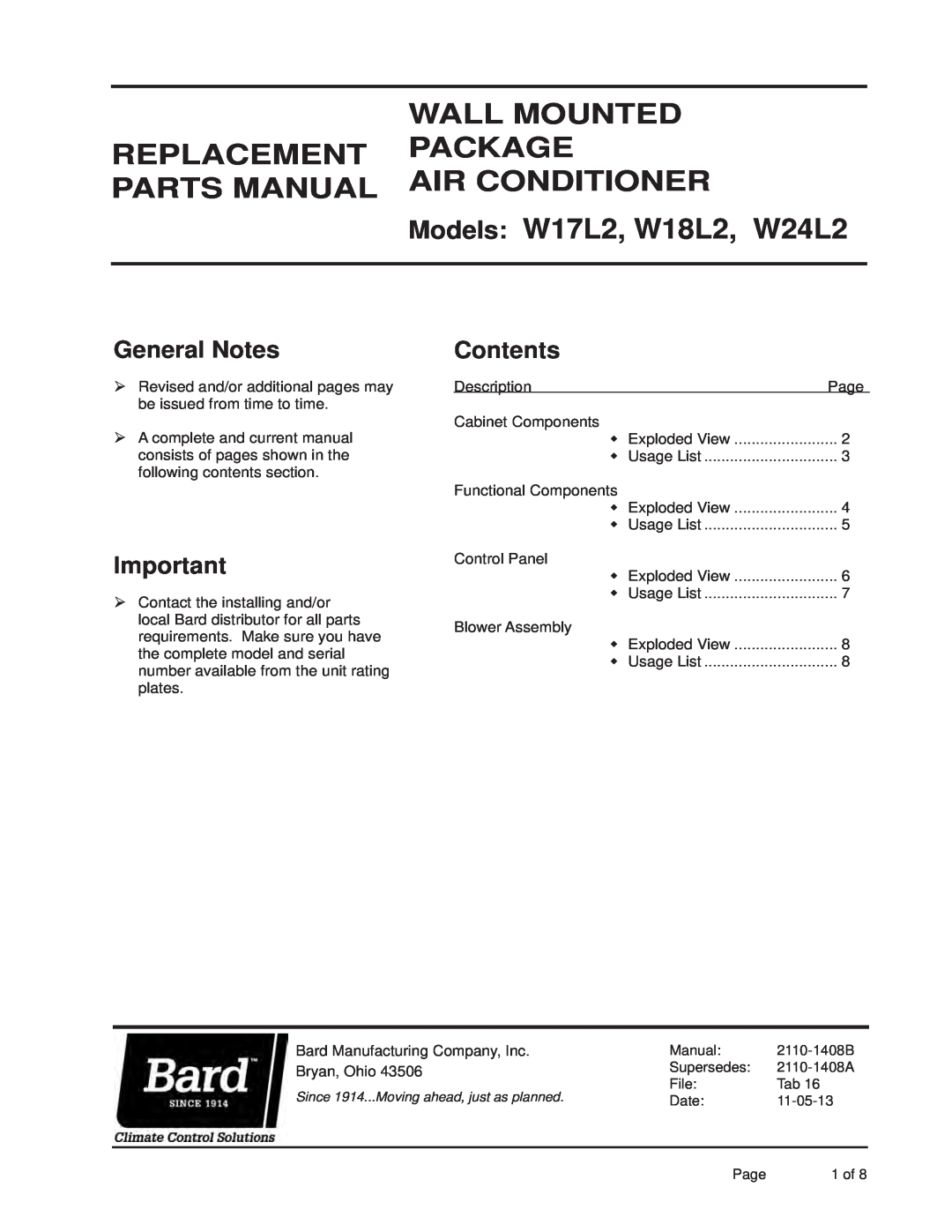 Bard W18L2, W24L2, W17L2 manual Wall Mounted Replacement Package, General Notes, Contents 