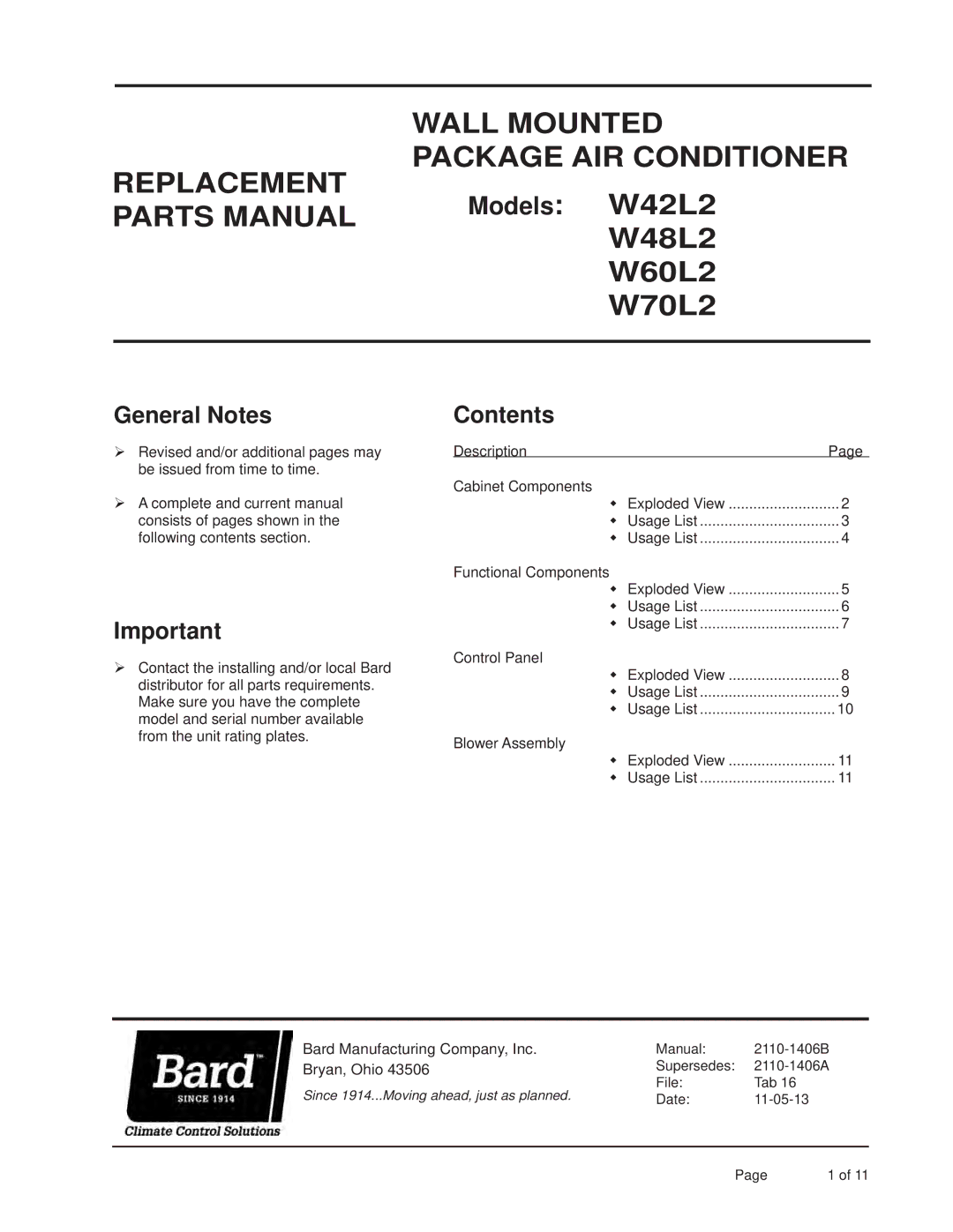 Bard W42L2, W48L2, W60L2, W70L2 manual Replacement Wall Mounted Package AIR Conditioner 