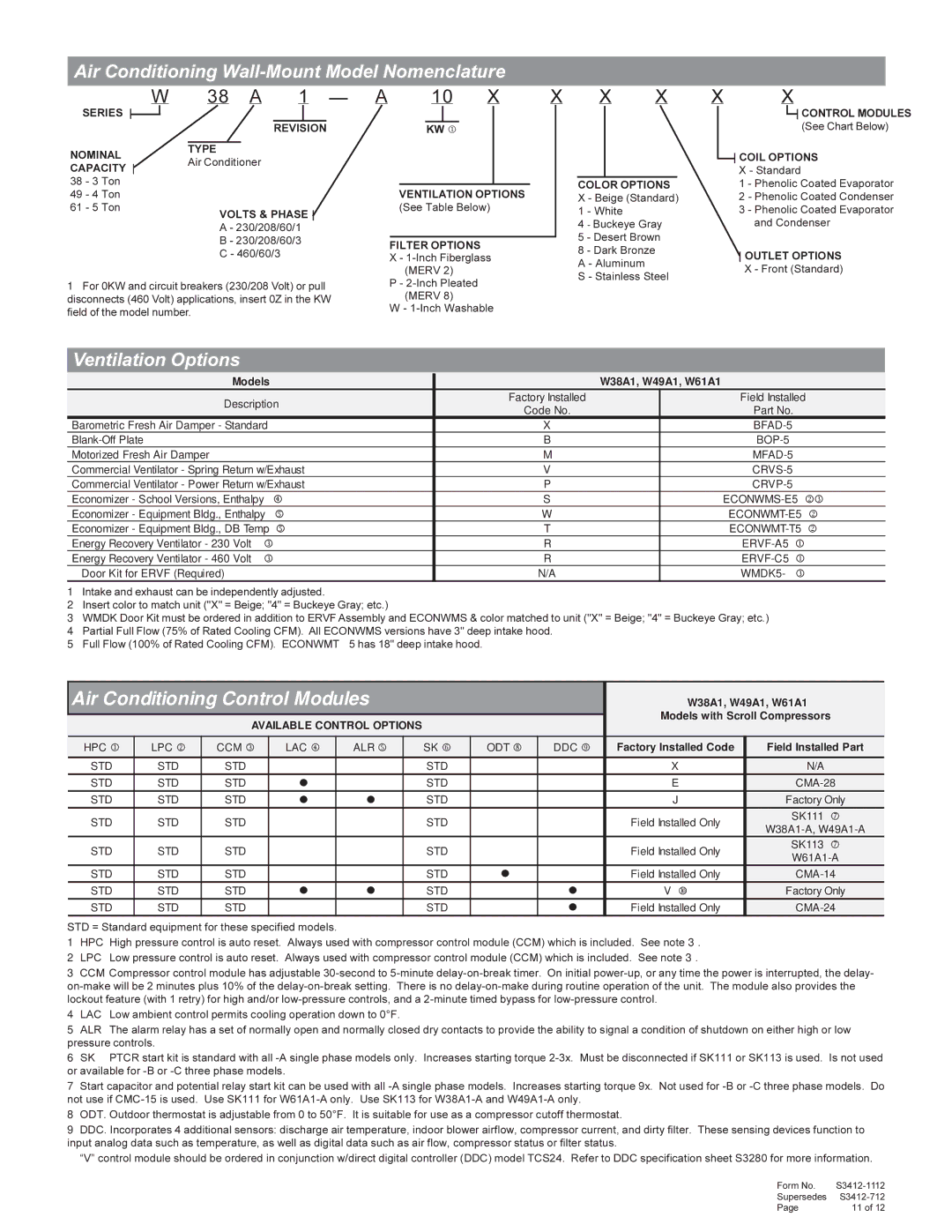 Bard manual Air Conditioning Wall-Mount Model Nomenclature, Ventilation Options, Models W38A1, W49A1, W61A1 