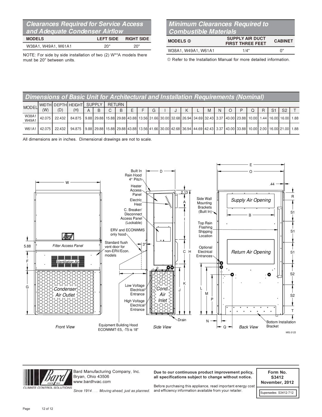 Bard W49A1, W61A1, W38A1 manual Bard Manufacturing Company, Inc, Bryan, Ohio, Form No S3412 November 