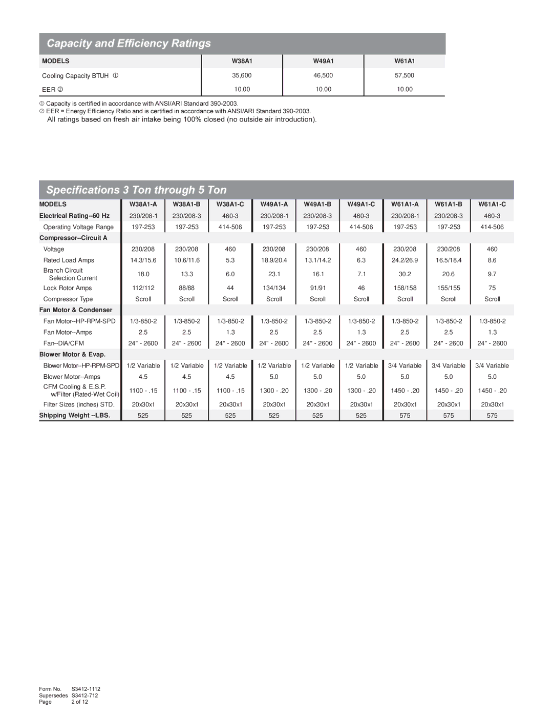 Bard W38A1, W49A1, W61A1 manual Capacity and Efficiency Ratings, Specifications 3 Ton through 5 Ton 