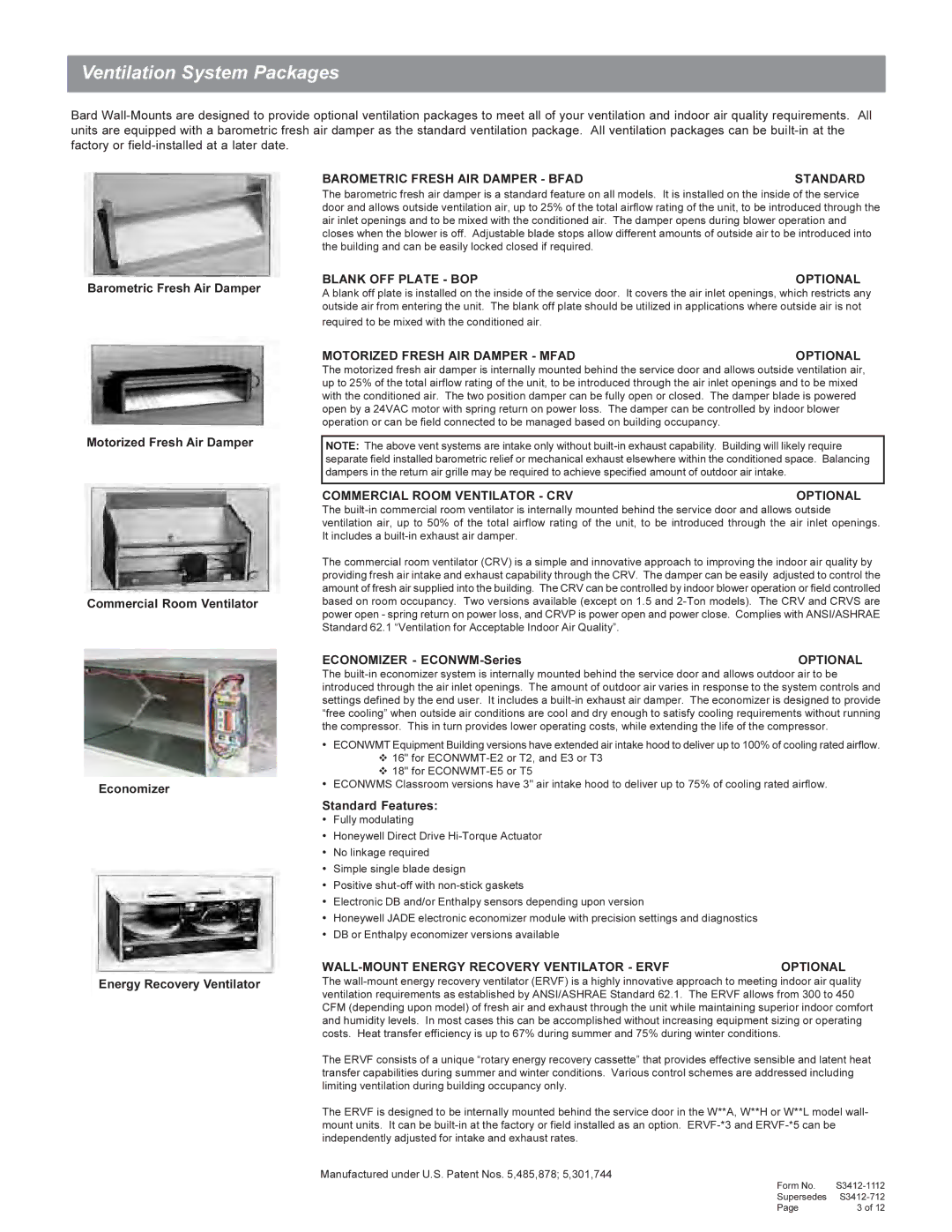 Bard W49A1, W61A1 Ventilation System Packages, Barometric Fresh Air Damper, Economizer ECONWM-Series, Standard Features 